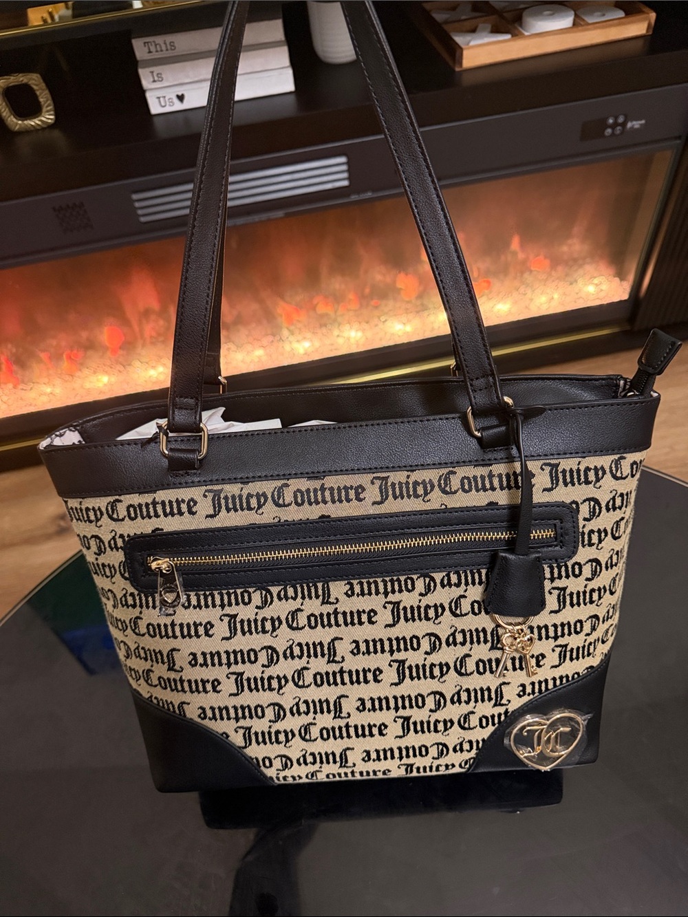 Juicy Couture Beige Logo Canvas Tote with Black Trim